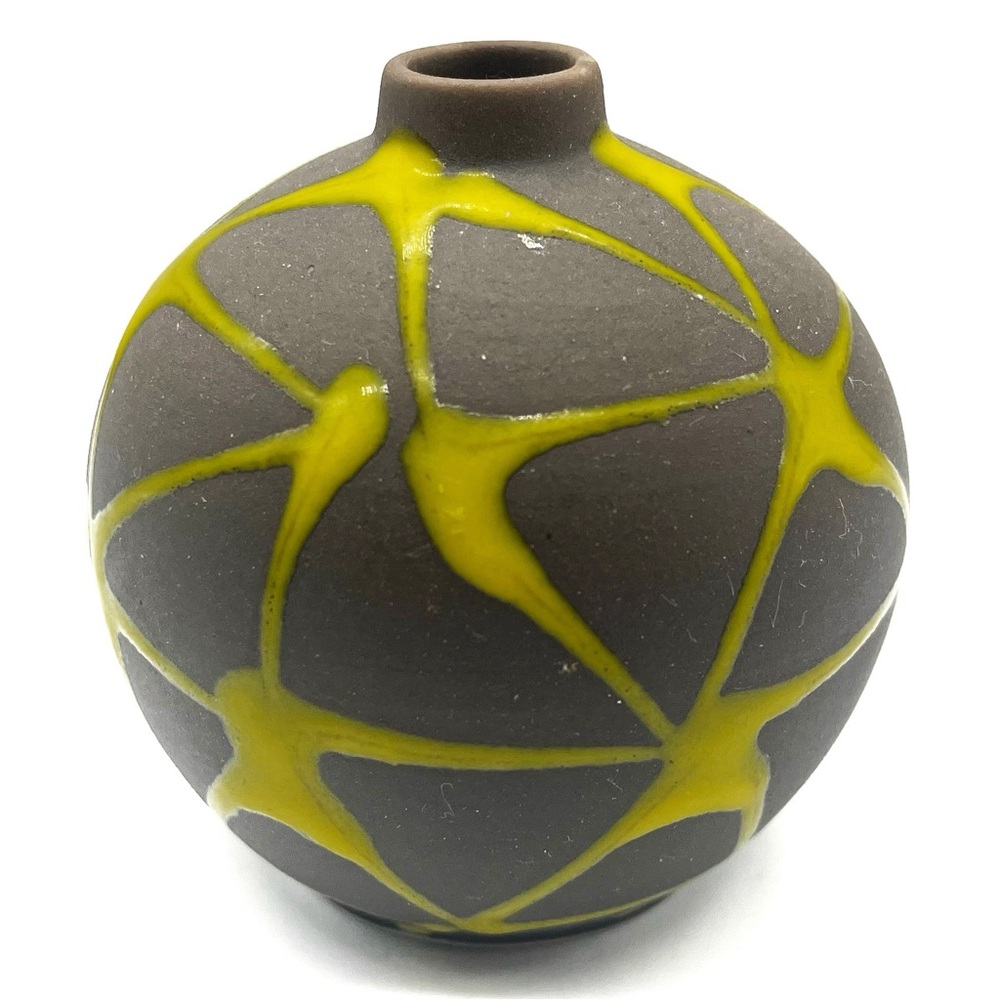 MCM Miniature Ceramic Vase Mid Century Modern Small Modernist Brown Yellow Ball